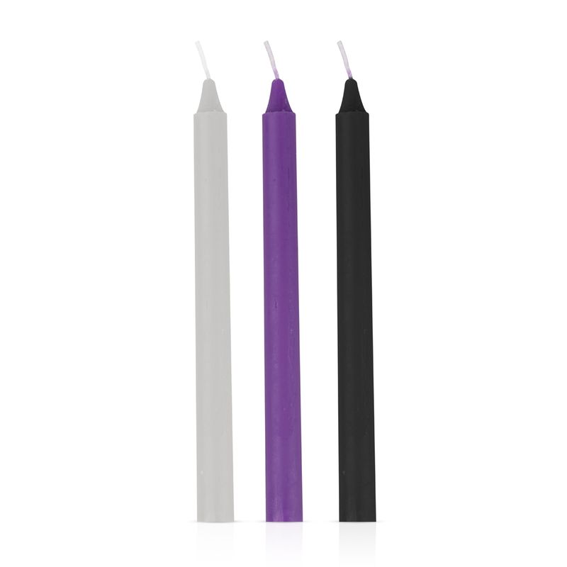 Sensual hot wax candles in gray, purple, and black, perfect for intimate experiences and body art.