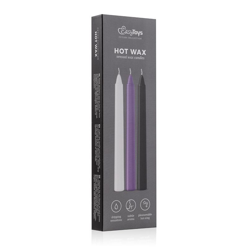 Sensual hot wax candles set in gray, purple, and black packaging for sensual experiences.