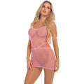 Sexy roll up mini dress in pink fishnet design worn by a model, perfect for parties.