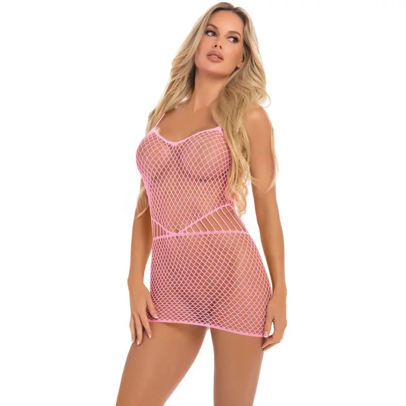 Roll Up Net Mini Dress Pink Lipstick Discreet Intimate Essentials.