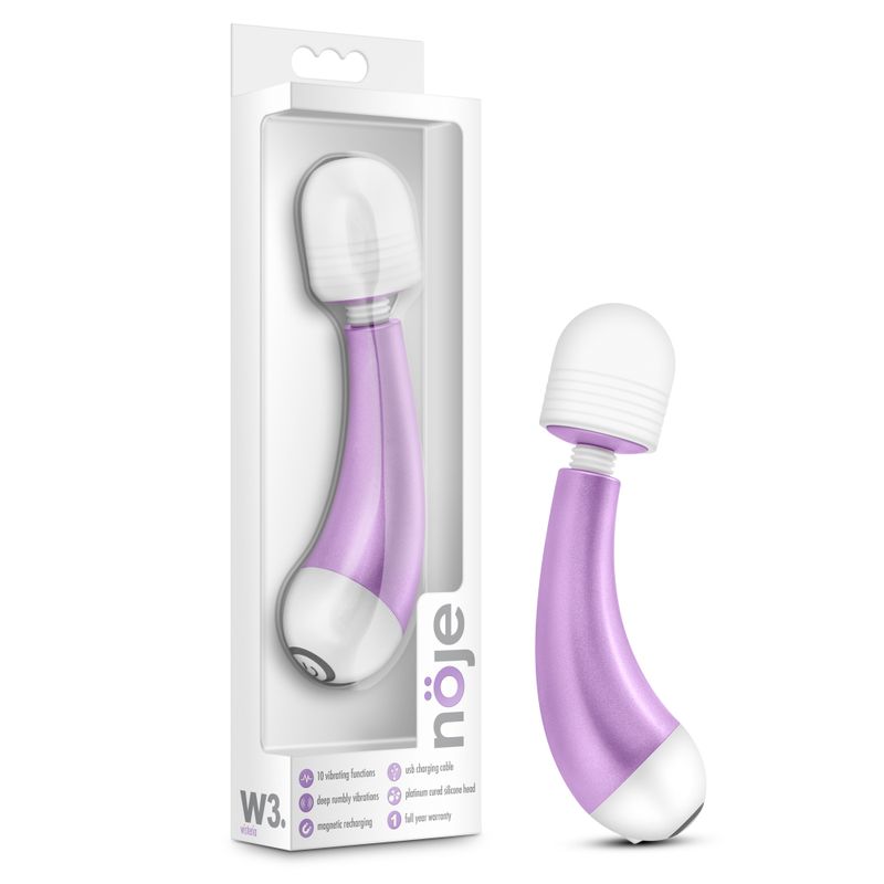 Noje W3 Wisteria small waterproof pleasure wand in packaging, showcasing its sleek design and functions.