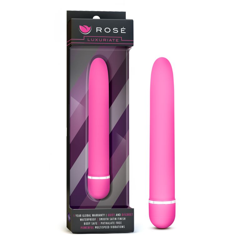 Rose Luxuriate Pink vibrator in packaging, featuring sleek design and powerful multispeed vibrations for intimate essentials for her.