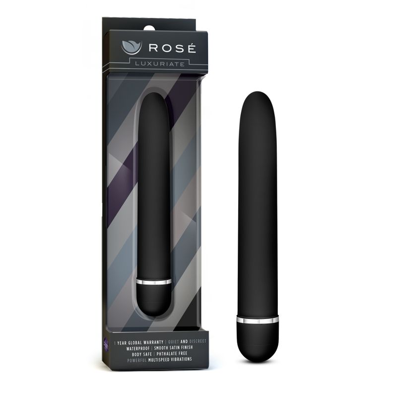 Rose Luxuriate Black vibrator in sleek packaging, multispeed vibrations, waterproof and phthalate-free for intimate essentials.
