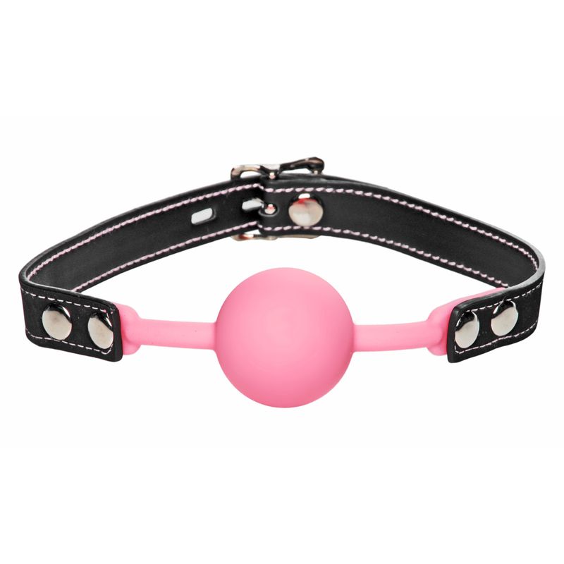Glow in the Dark Silicone Ball Gag with a pink ball and black leather strap, perfect for playful experiences.