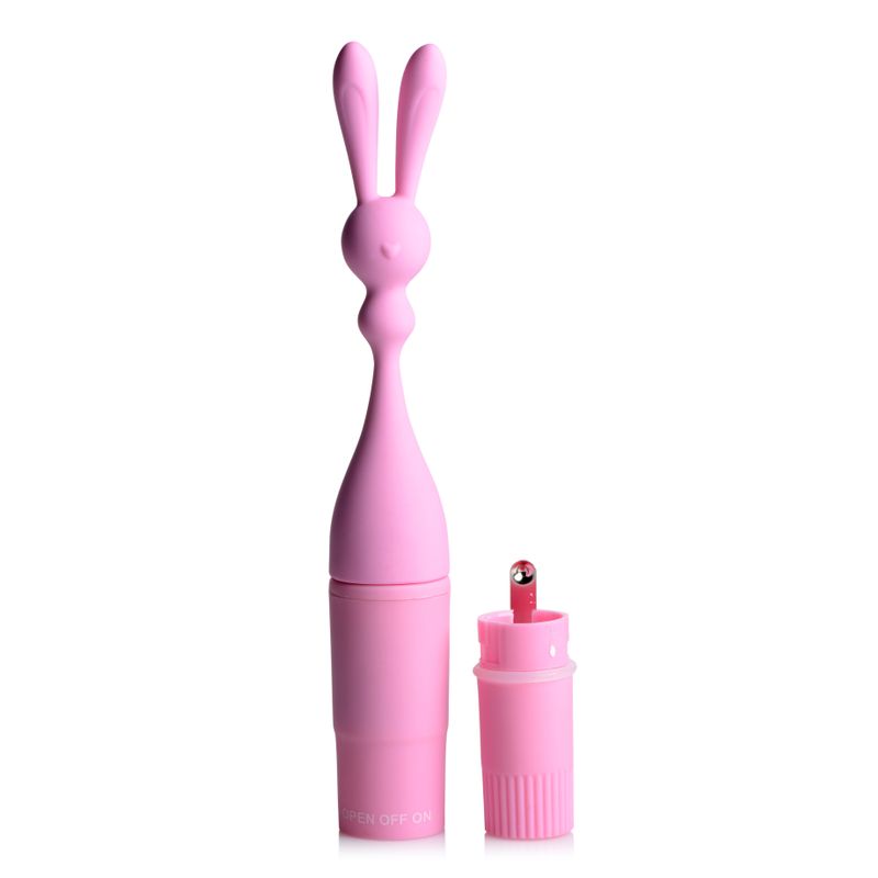 Bunny Rocket Silicone Vibrator in pink, designed for intimate essentials for her, with flexible ears for stimulation.