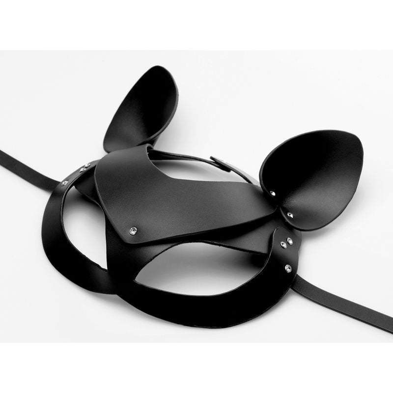 Black leather cat mask with playful ears from the Cat Tail Anal Plug and Mask Set, highlighting intimate essentials for her.