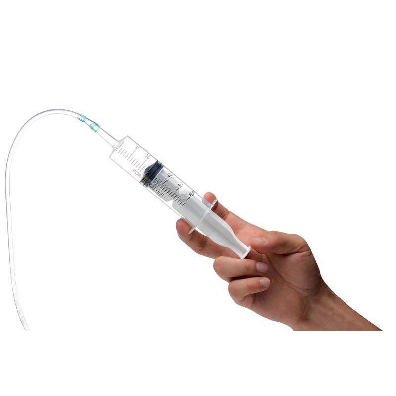 syringe for squirting dildo with syringe, shown held in a hand, used for fluid filling.