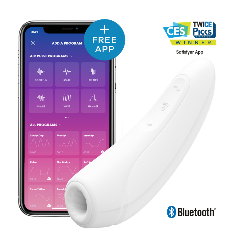 Satisfyer Curvy 1+ clitoral stimulator shown with Satisfyer App interface and Bluetooth connectivity features.