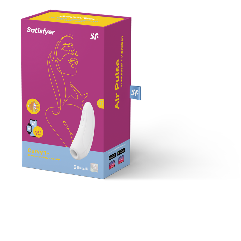 Satisfyer Curvy 1+ clitoral stimulator packaging with Bluetooth features and ergonomic design.