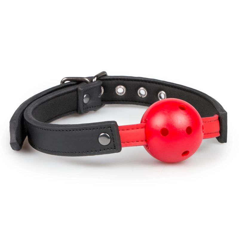 PVC ball gag for bondage with adjustable faux leather strap and a vibrant red ball.