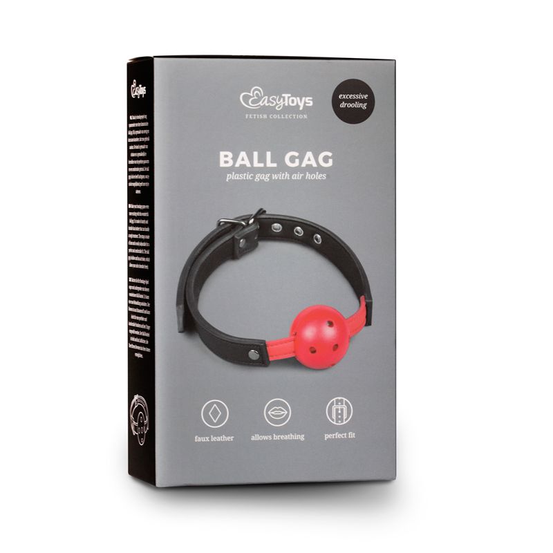 Ball gag with PVC ball for bondage, featuring faux leather strap and air holes for breathability.