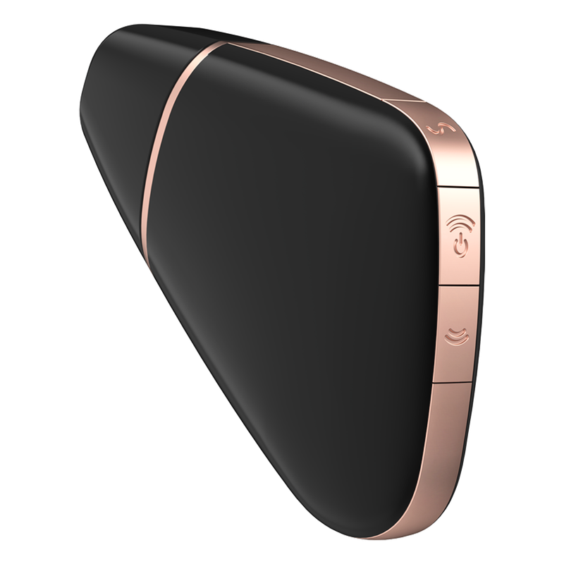 Satisfyer Love Triangle Black, app enabled air pulse vibrator with sleek design and control buttons.
