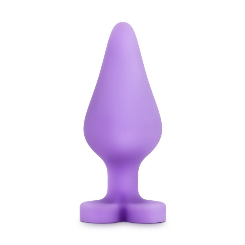Cute heart-shaped butt plugs in a soft purple silicone material with a smooth finish.