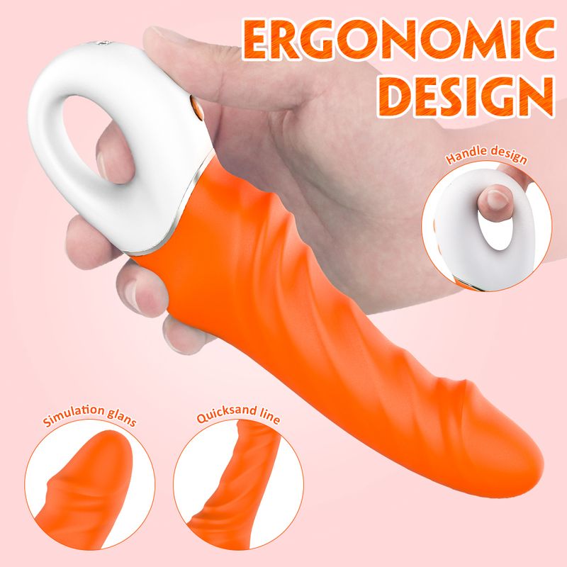 Tornado G-Spot Orange ergonomic design G-Spot vibrator with multiple modes in hand with emphasis on features.