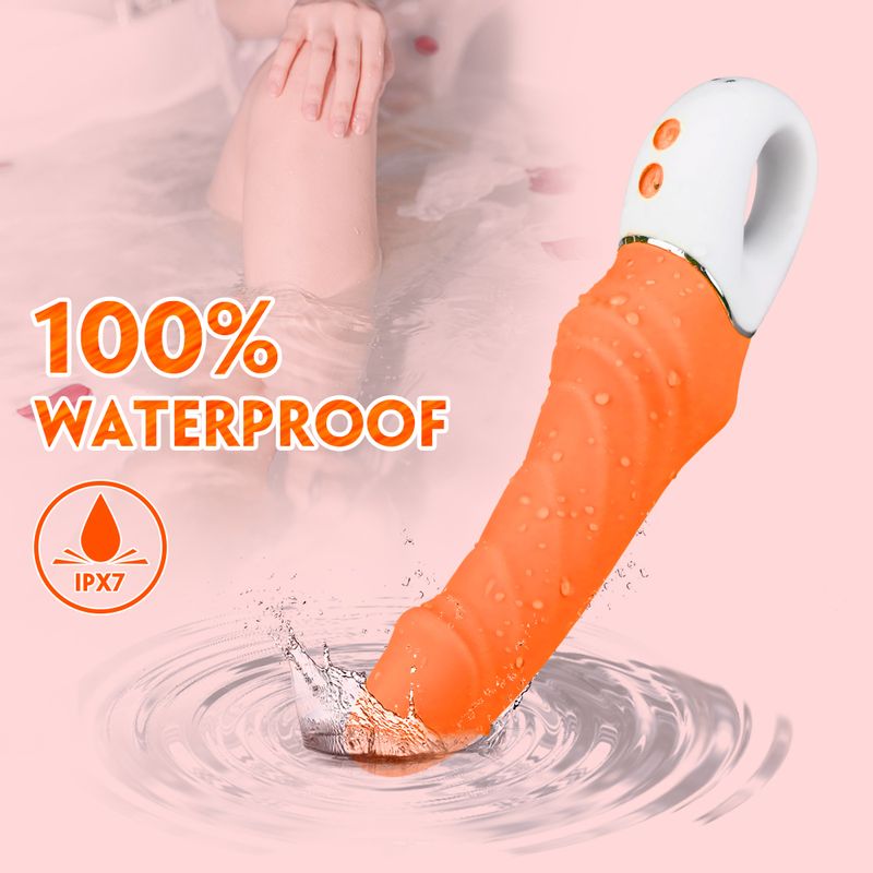 Tornado G-Spot Orange, a G-Spot vibrator with multiple modes, displayed in water, emphasizing its 100% waterproof design.