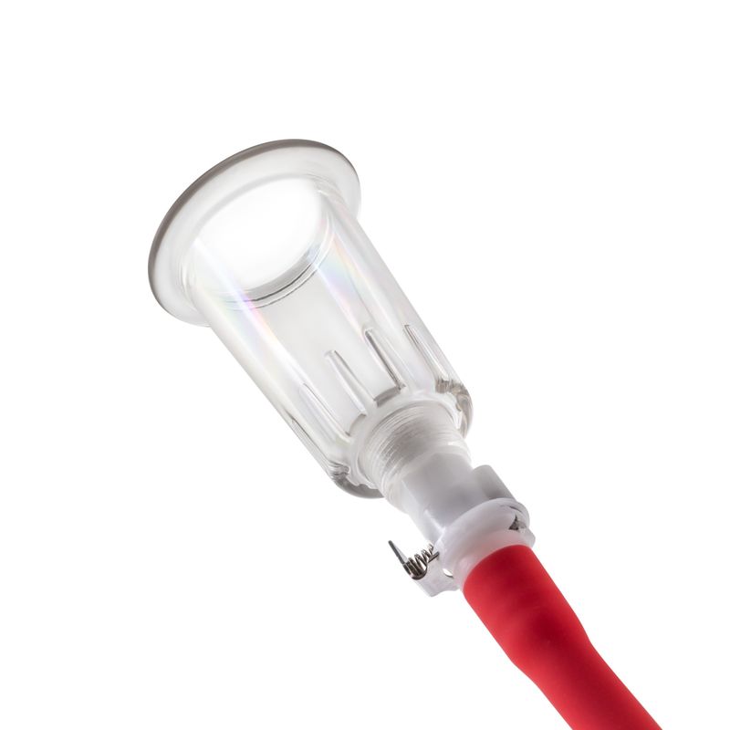 Temptasia Nipple Squeeze Pump System Black showing the crystal-clear acrylic cylinder and squeeze ball pump.
