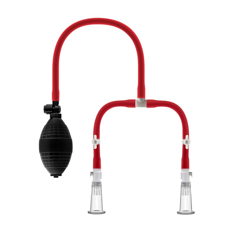 Temptasia Nipple Squeeze Pump System Black featuring a red squeeze ball pump and clear acrylic cylinders for nipple stimulation.