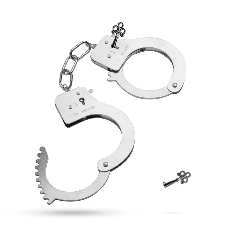 Adjustable metal cuffs in silver color with a sturdy design, perfect for couples looking for bondage toys.