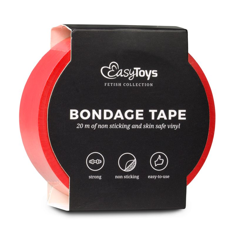Red non-sticky bondage tape in packaging, ideal for versatile bondage use.