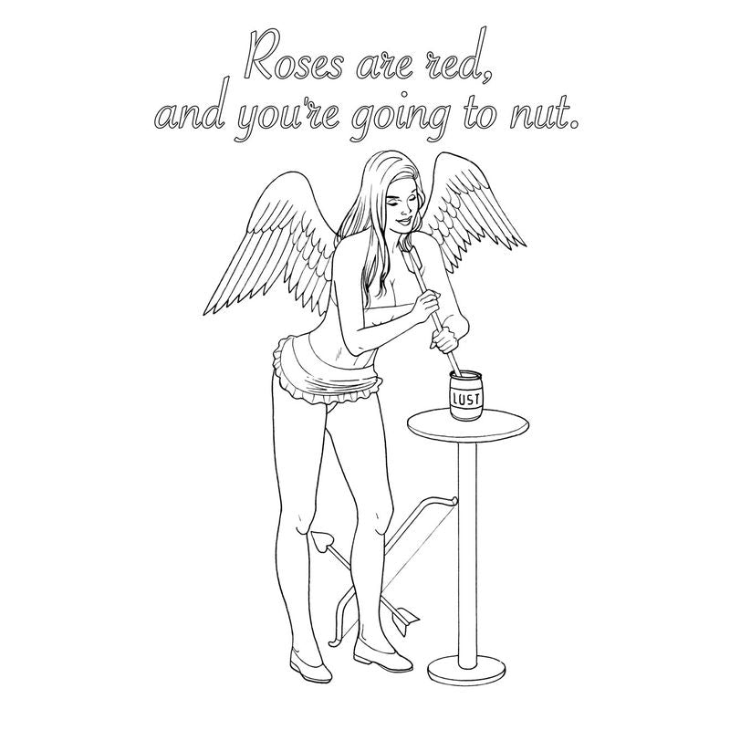 My Naughty Valentine Colouring Book featuring risqué coloring page with angel and playful text about intimacy.