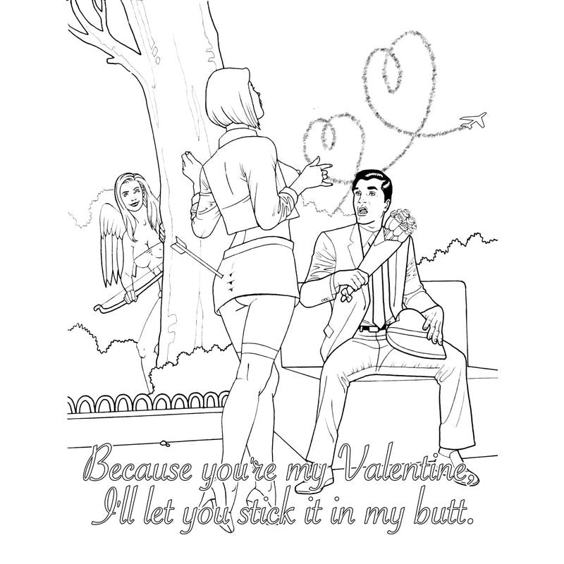 My Naughty Valentine Colouring Book page featuring humorous intimate scene with playful Valentine's theme.