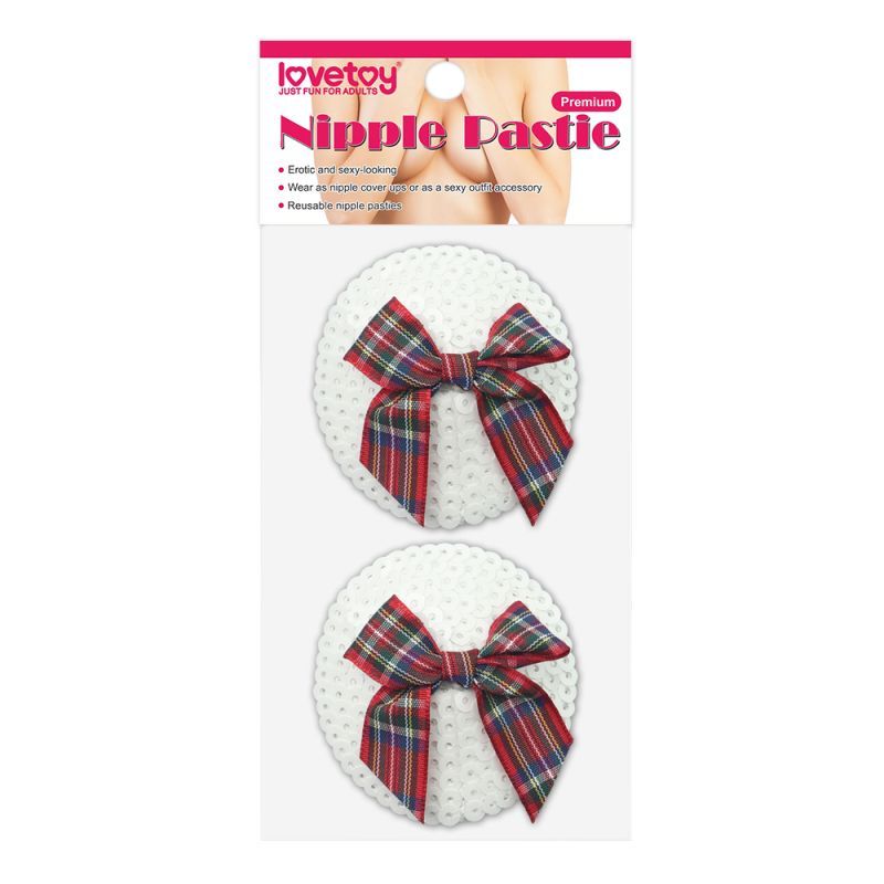 Reusable Sequin Round Nipple Pasties with tartan bow, perfect as intimate essentials for her.