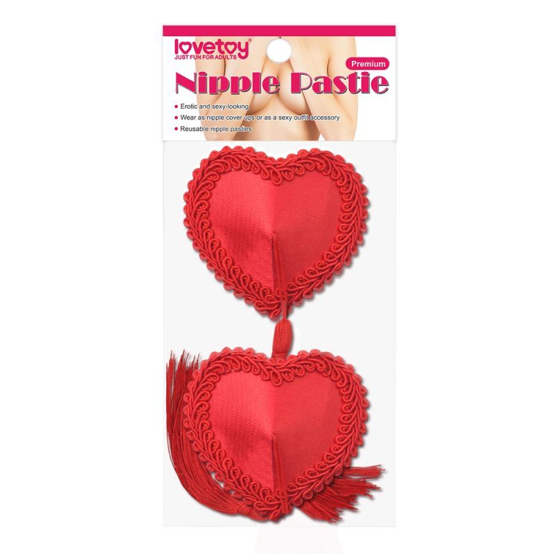 Reusable heart nipple pasties with lace edge and tassels, self-adhesive and hypoallergenic for outfit accessorizing.