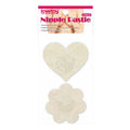Lace nipple pasties pack featuring a heart and flower design, self-adhesive and disposable for one-time use.