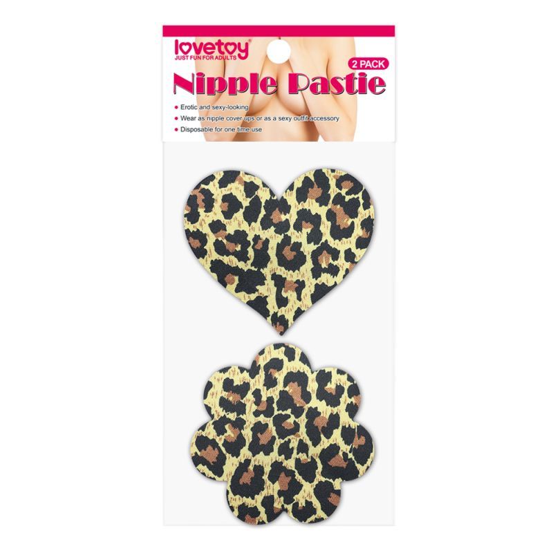 Leopard nipple pasties in heart and flower shapes, 2 pack, self-adhesive and hypoallergenic for sexy outfit accessorizing.