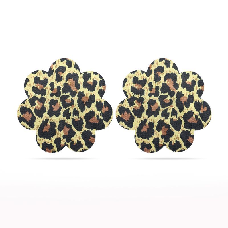 Leopard nipple pasties in a flower shape, self-adhesive and hypoallergenic, ideal for outfit accessories.