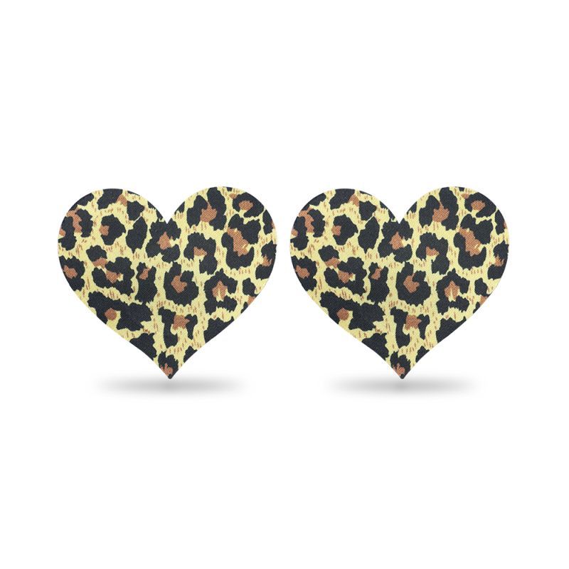 Leopard nipple pasties in heart shape, self-adhesive and hypoallergenic, perfect for sexy outfit accessories.