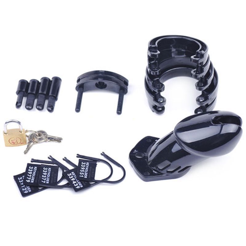 Male chastity cage kit including cage, rings, spacers, locks, and keys for enhanced comfort and security.