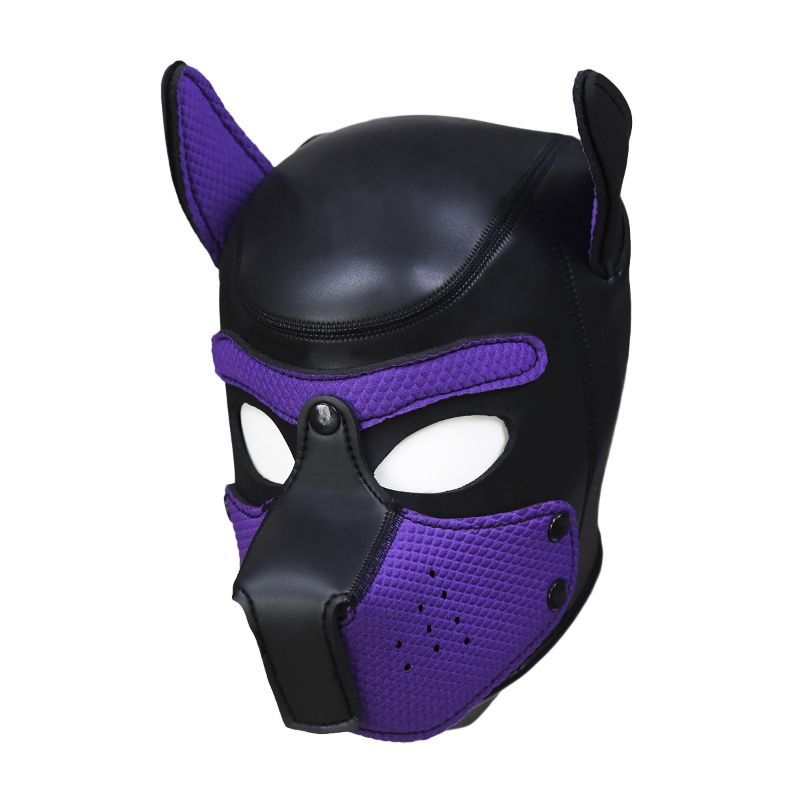 Puppy play mask in purple and black, featuring detachable mouthpiece and comfortable padded fit.