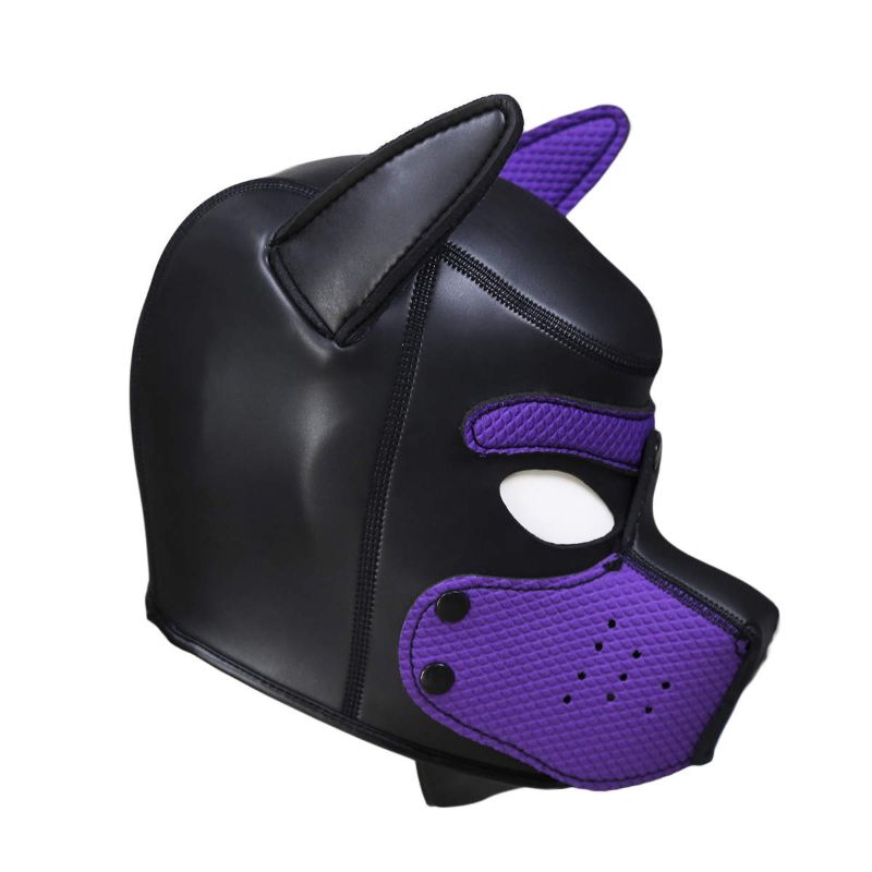 Puppy play mask in purple and black, featuring ears and cut-out eyes for visibility and comfort.