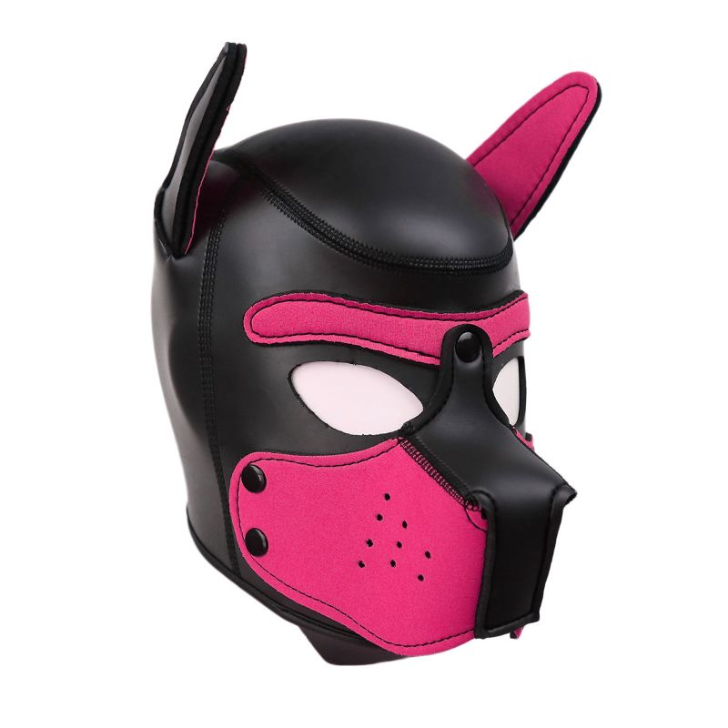 pink puppy play mask with ears and detachable mouthpiece for comfort and vision.