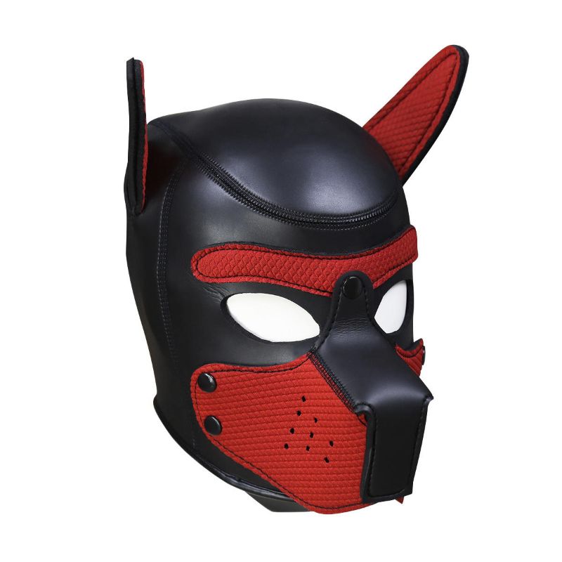neoprene puppy play mask featuring a black and red design with ears, cut-out eyes, and a detachable nose/mouthpiece.