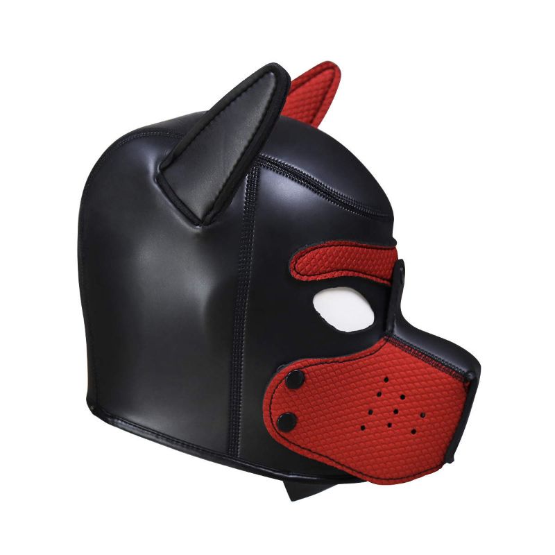neoprene puppy play mask in black and red with ears, cut-out eyes, and padded fit for comfort.