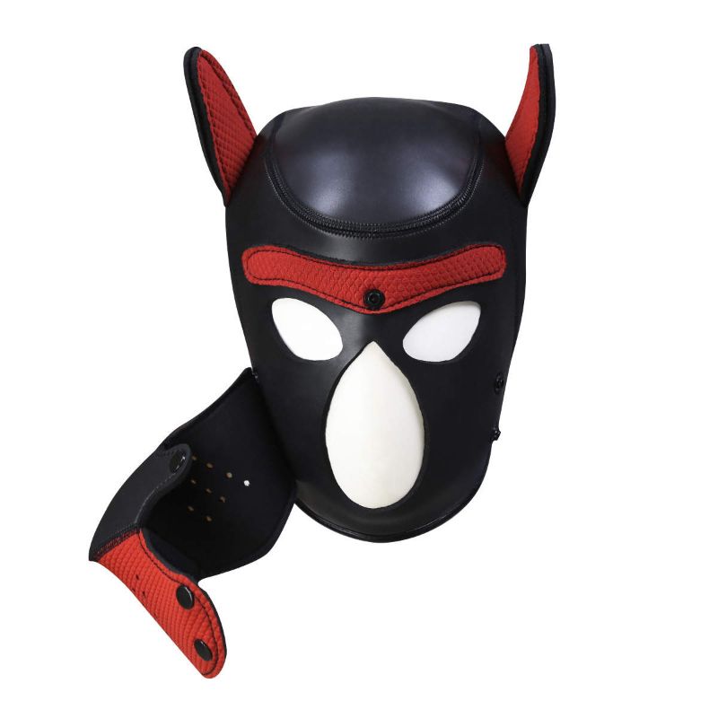 neoprene puppy play mask in red and black with ears and detachable mouthpiece for a comfortable fit.