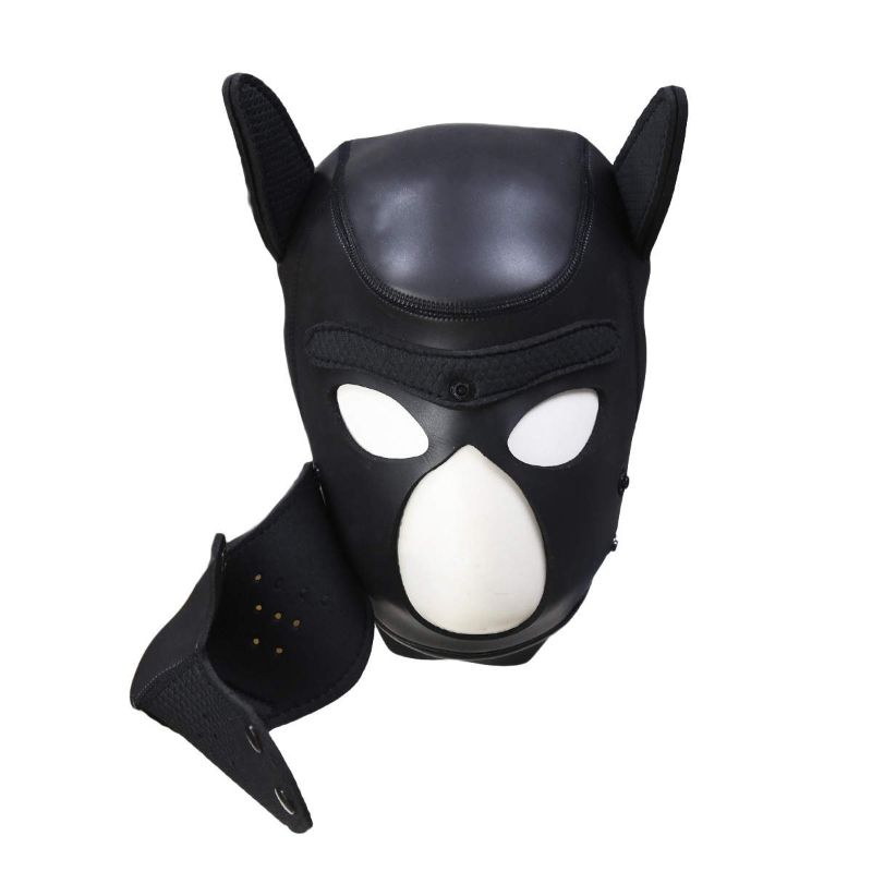 Puppy Play Mask Black, neoprene rubber dog head mask with ears and detachable nose/mouthpiece for ultimate comfort.