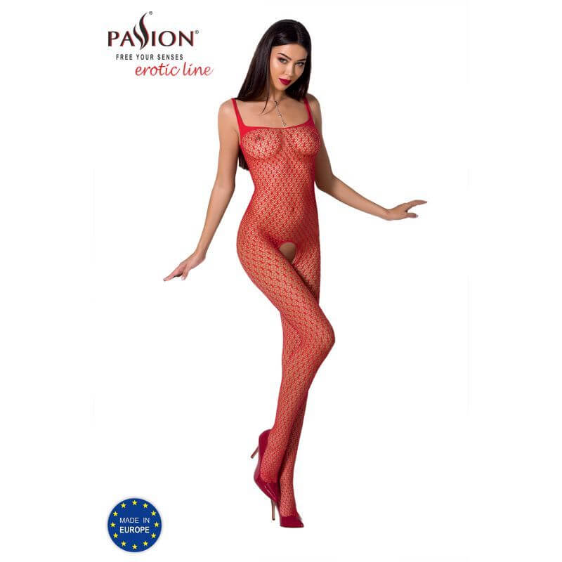 Red bodystocking with open crotch, stylish and sexy design in fine mesh quality.