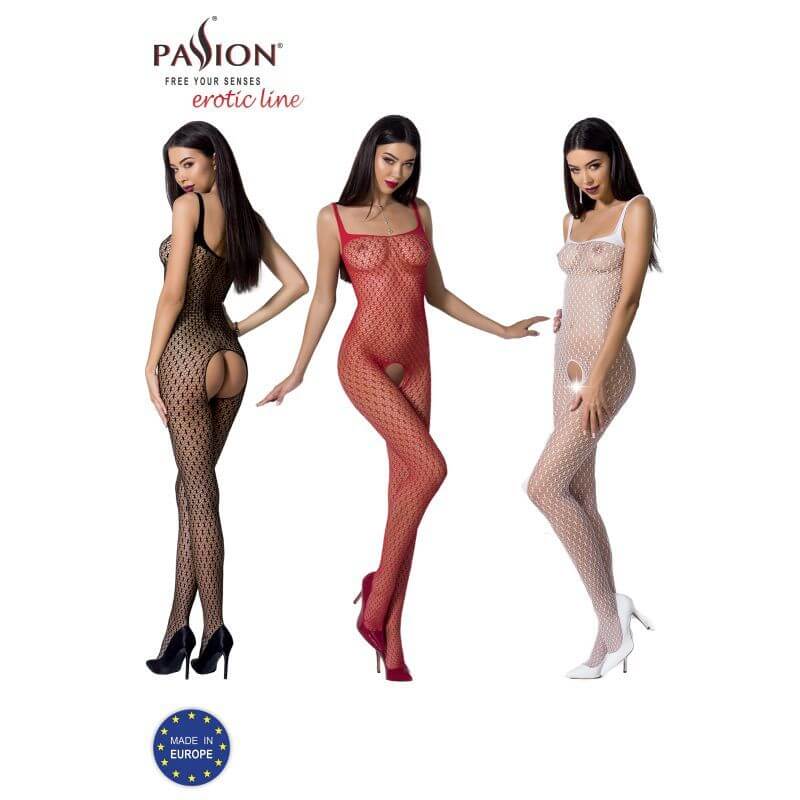 Stylish bodystocking BS071 in red, showcasing open crotch design, fine mesh quality and featuring a sexy aesthetic.