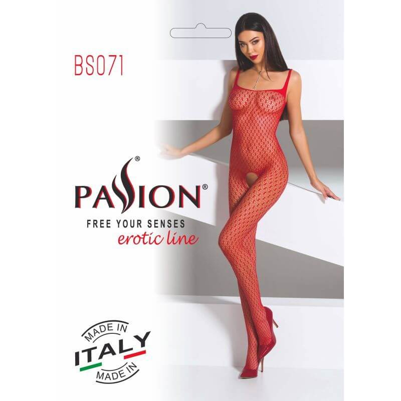 Bodystocking BS071 in red, stylish fine mesh design with open crotch, showcasing the red bodystocking with open crotch.