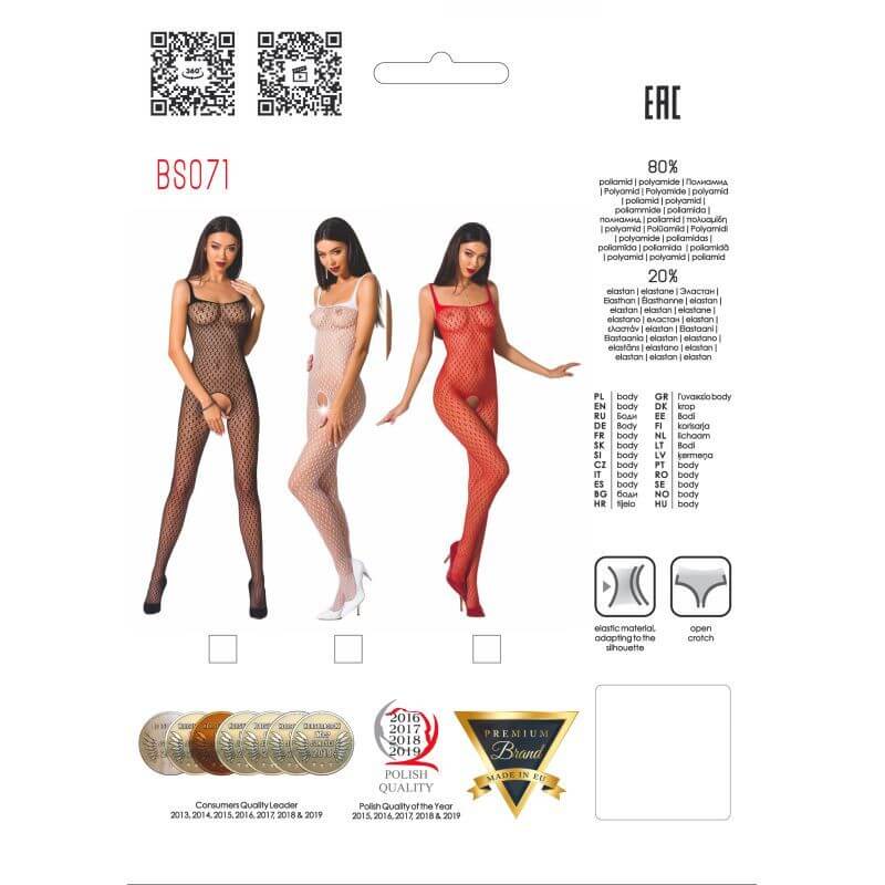 Bodystocking BS071 in three colors, showcasing stylish fine mesh quality red bodystocking with open crotch and rear.