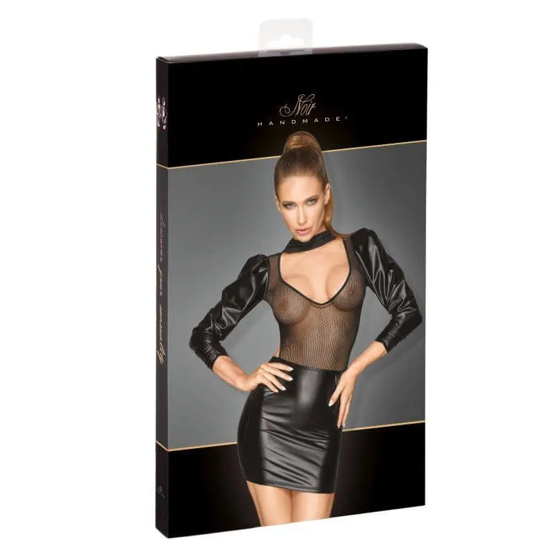 Power Wetlook Tulle Dress w Bouffant Sleeves Noir Discreet Intimate Essentials.