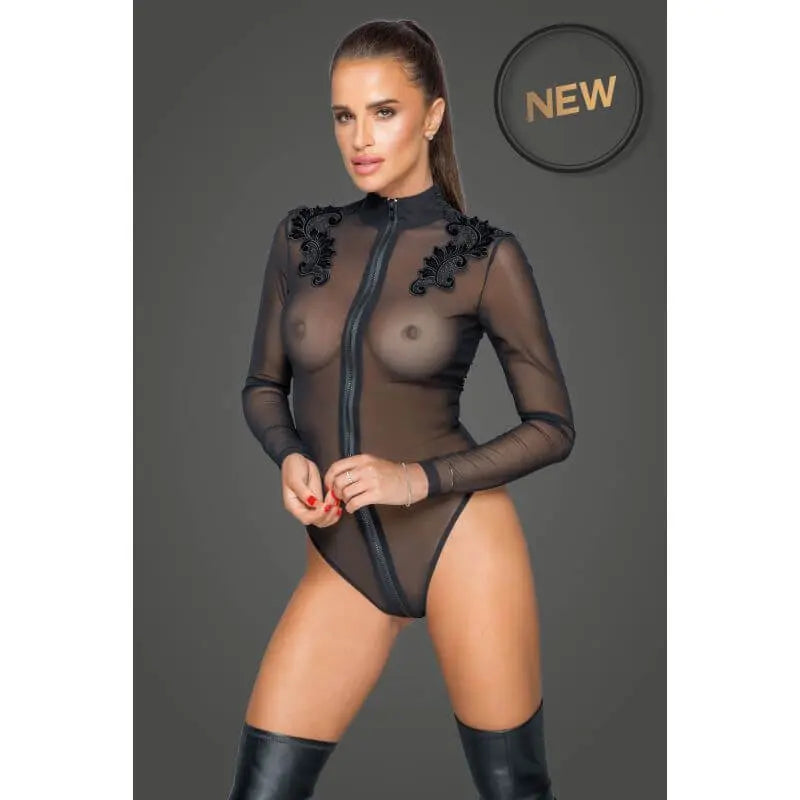 Zipped Tulle Bodysuit w Embroidery Noir Discreet Intimate Essentials.