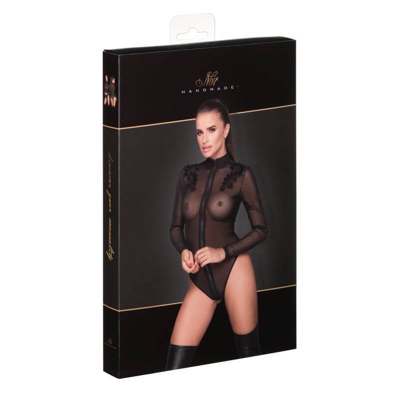Zipped tulle bodysuit w embroidery in packaging, featuring black zipper and elegant embroidered shoulders.