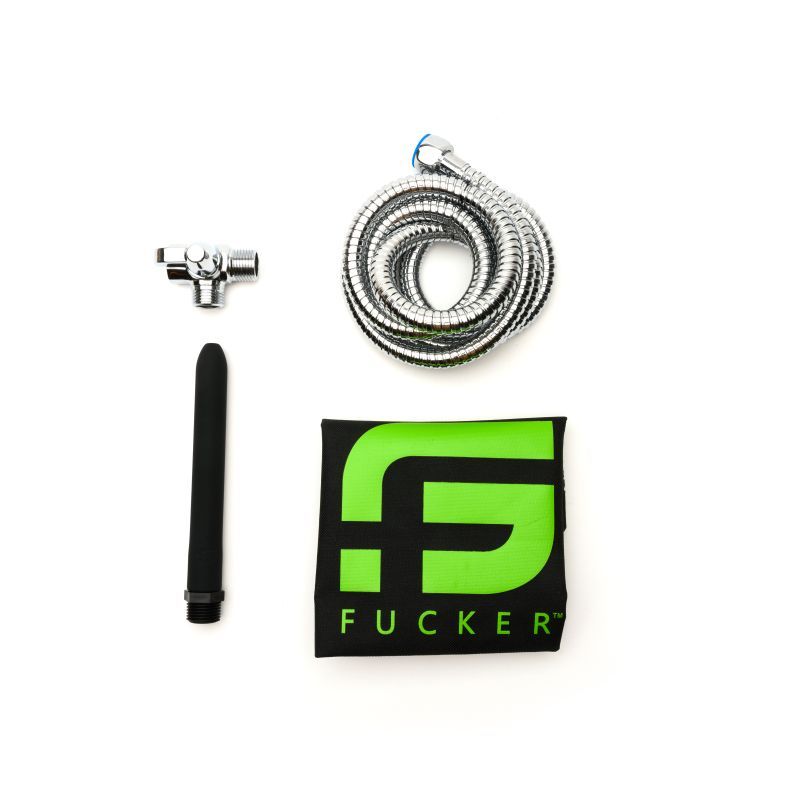 Sport Fucker Shower Kit Black 6in components including chrome hose, water diverter, and silicone insertion tool.
