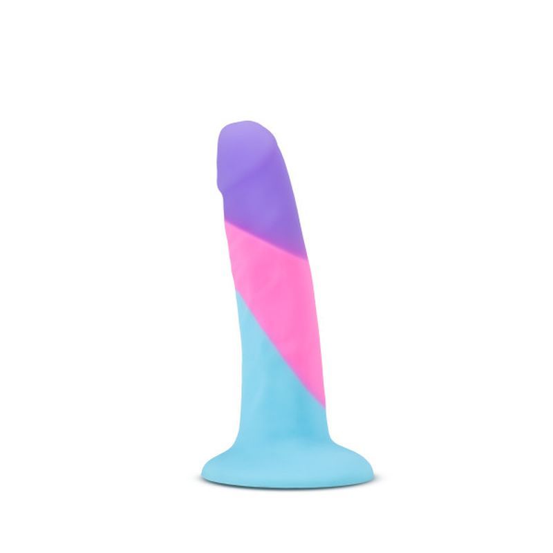 Avant D15 Vision of Love Silicone Dildo in vibrant blue, pink, and purple colors, crafted for unique pleasure.