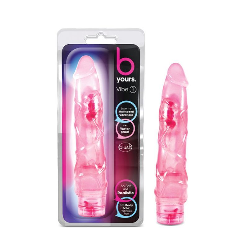 B Yours Vibe No 1 Pink, a realistic vibrating dildo in packaging, showcasing its soft, realistic design and waterproof feature.