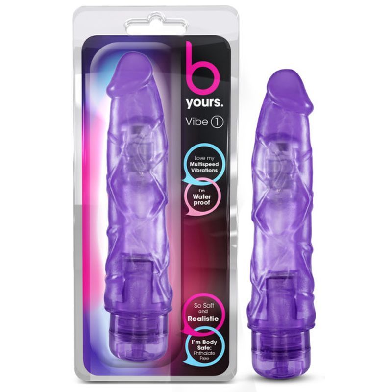 Blush Novelties B Yours Vibe No 1 purple realistic vibrator for beginners in packaging showcasing its design and features.